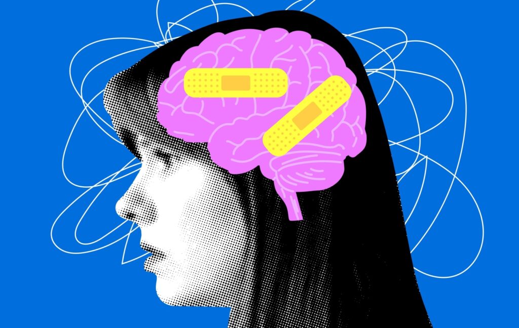 A person with a concussion looks off into the distance. A pink brain graphic with bandaids on it represent the symptoms caused by a concussion.