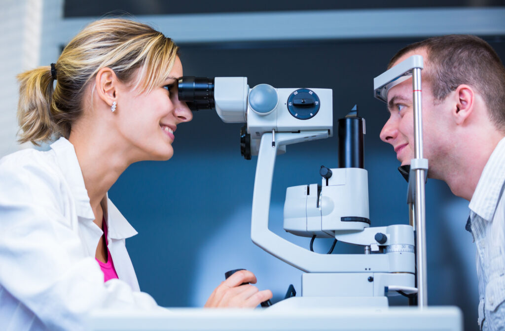 A patient visiting the eye doctor for a check up after scratching their eye.
