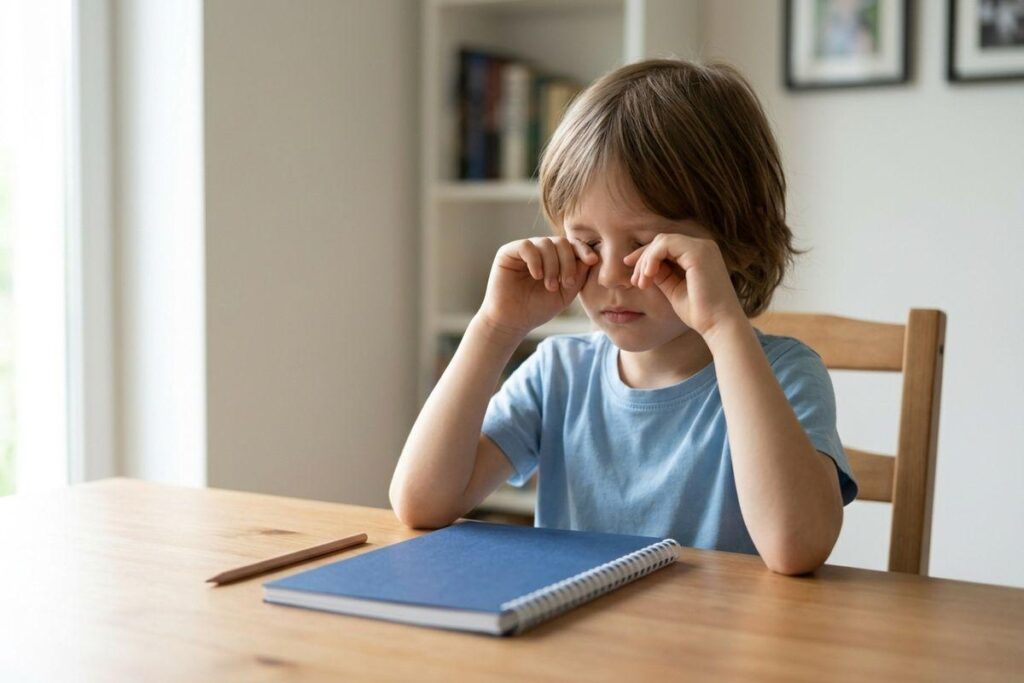 Child sitting at a wooden table rubbing both eyes with fists, a closed notebook and pencil in front of them.