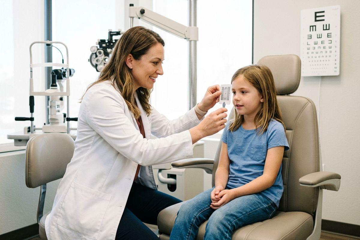 Smiling optometrist holds a pinhole occluder in front of a child's eye during an eye exam. Eye chart visible on wall behind.