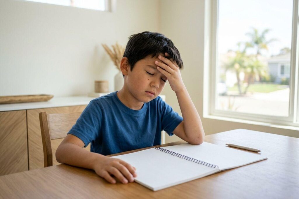 Child sitting at a wooden table, hand pressed to forehead, looking frustrated at an open blank notebook with a pencil beside it.