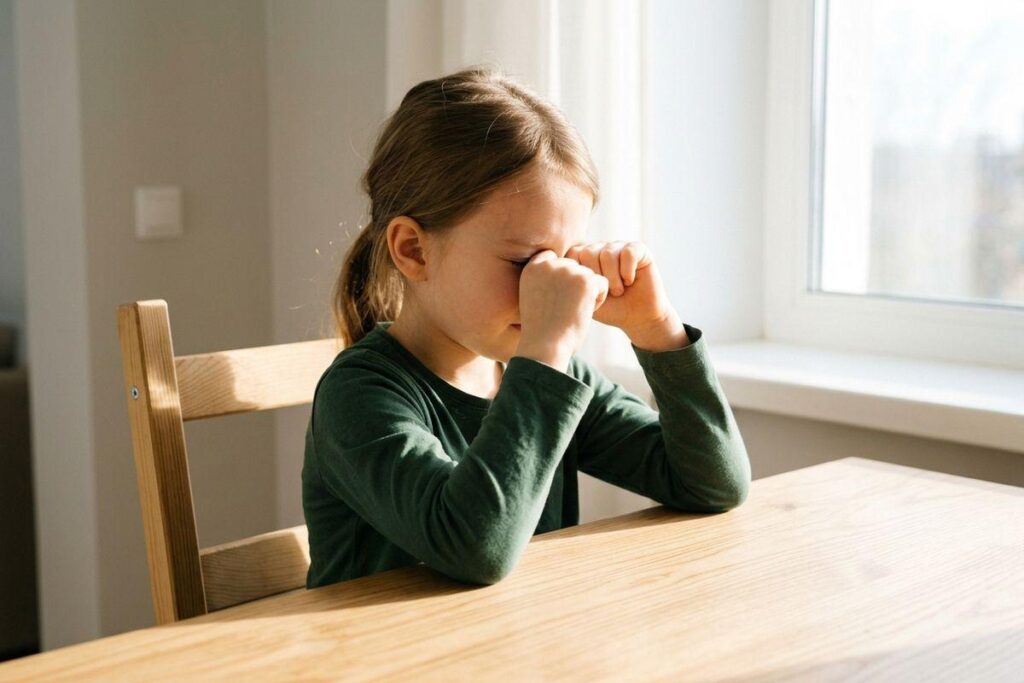 Child sitting at a wooden table indoors, rubbing both fists against their eyes, appearing upset.