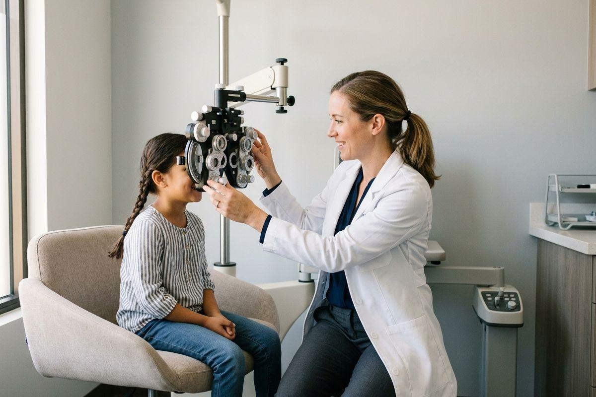 Smiling optometrist adjusting a phoropter in front of a child seated in an exam chair during an eye exam.