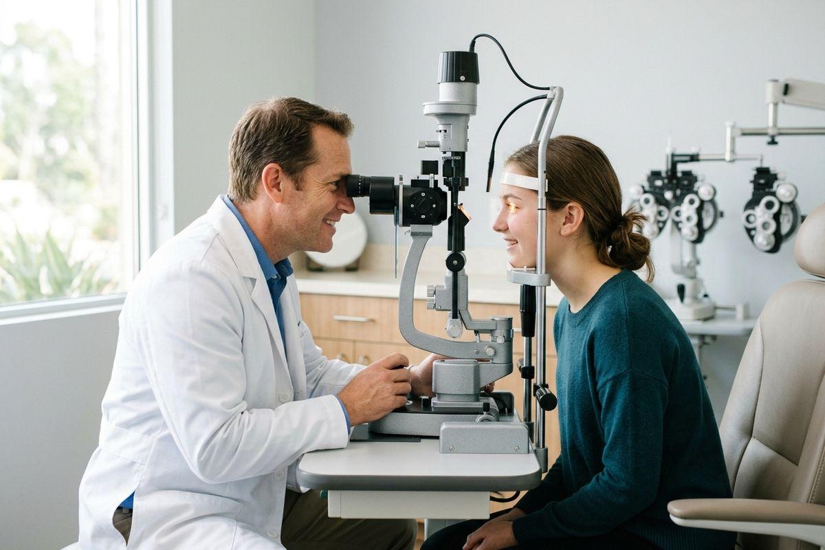 Optometrist using a slit lamp to examine a smiling young patient's eye in a clinic exam room.