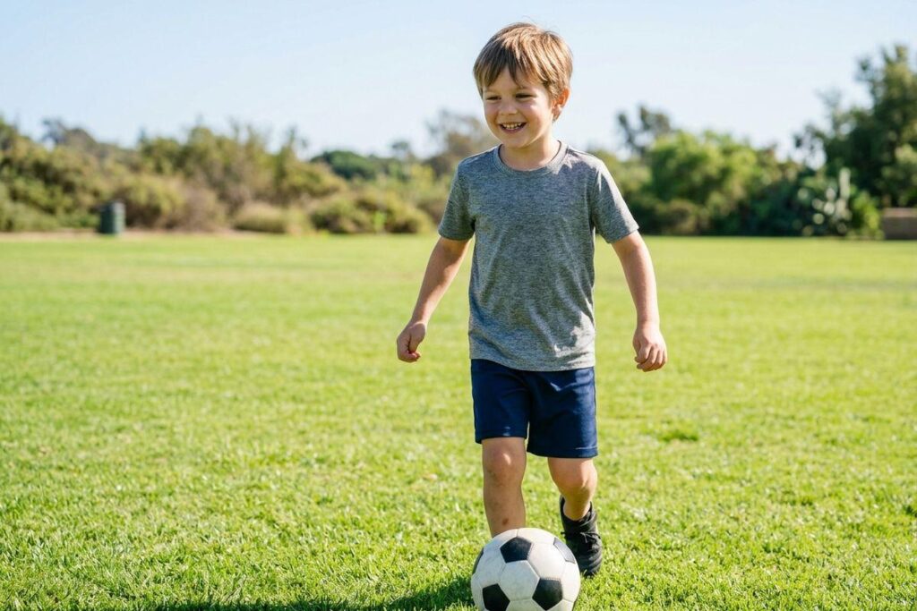 Smiling child kicking a soccer ball on a sunny green grass field, with trees visible in the background.